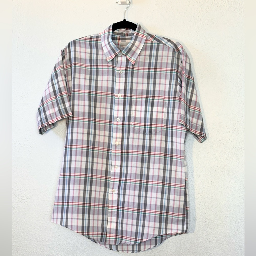 Vintage 80's Plaid Short Sleeve Button Down Shirt Mens M Tailored Spring colors